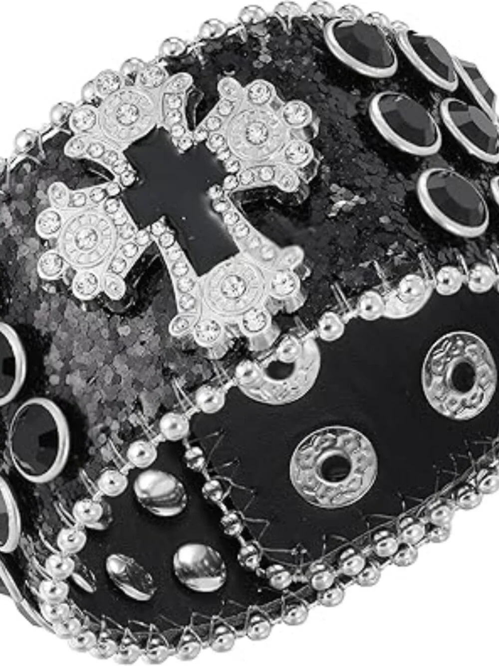 Wide Black Leather Bracelet Silver Cross Blk Gems and Silver Rivets Adjustable